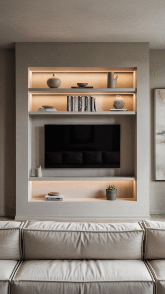 Recessed niche wall built around a mounted TV