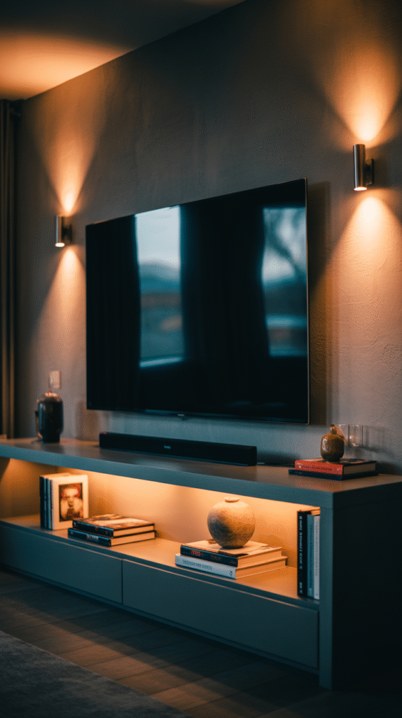 Layered lighting incorporated around a TV wall setup