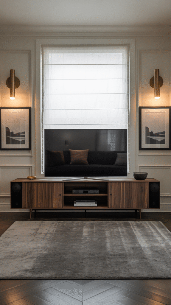 Symmetrical layout styled around a wall-mounted TV