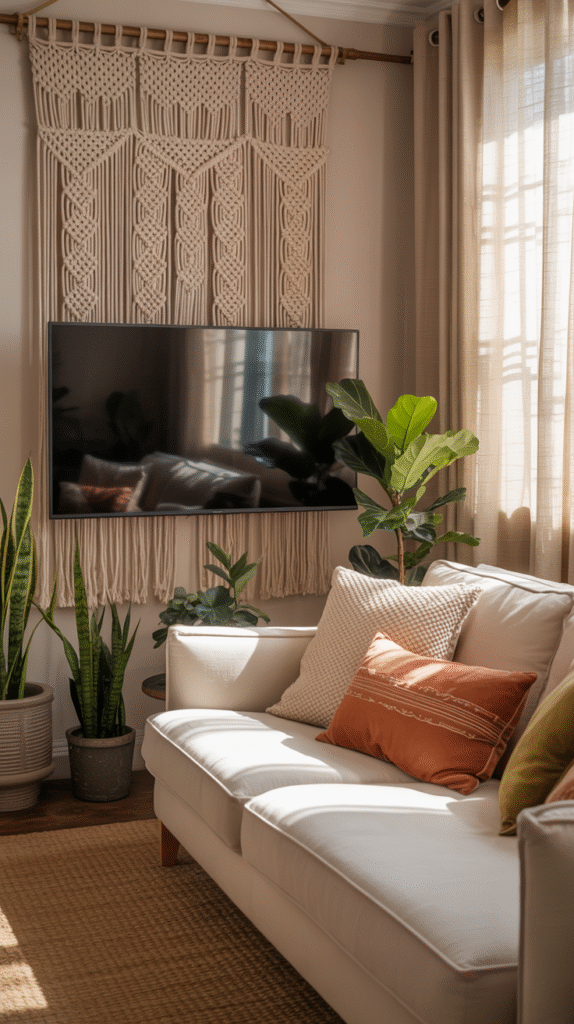 Woven tapestry hung as a backdrop behind a mounted TV