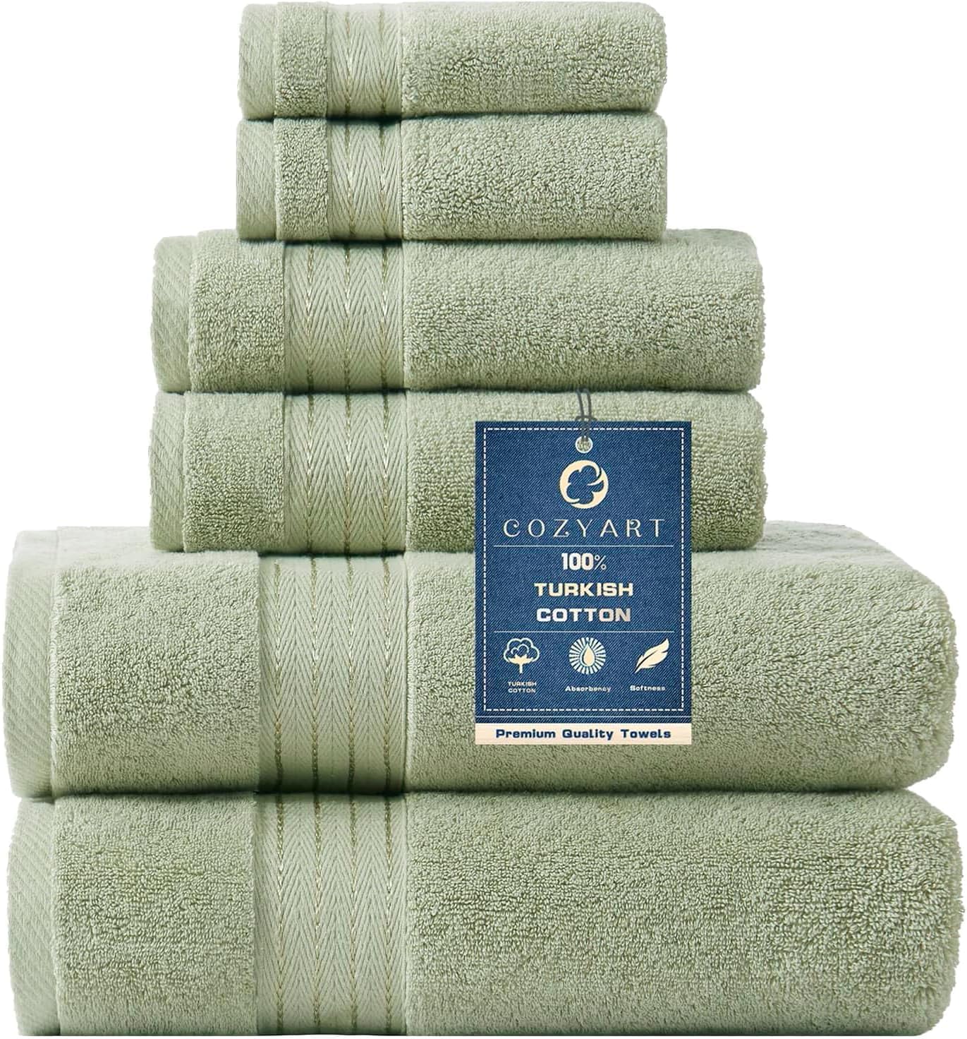 COZYART Luxury Bath Towel Set, 6 Pcs, Sage Green, 100% Turkish Cotton