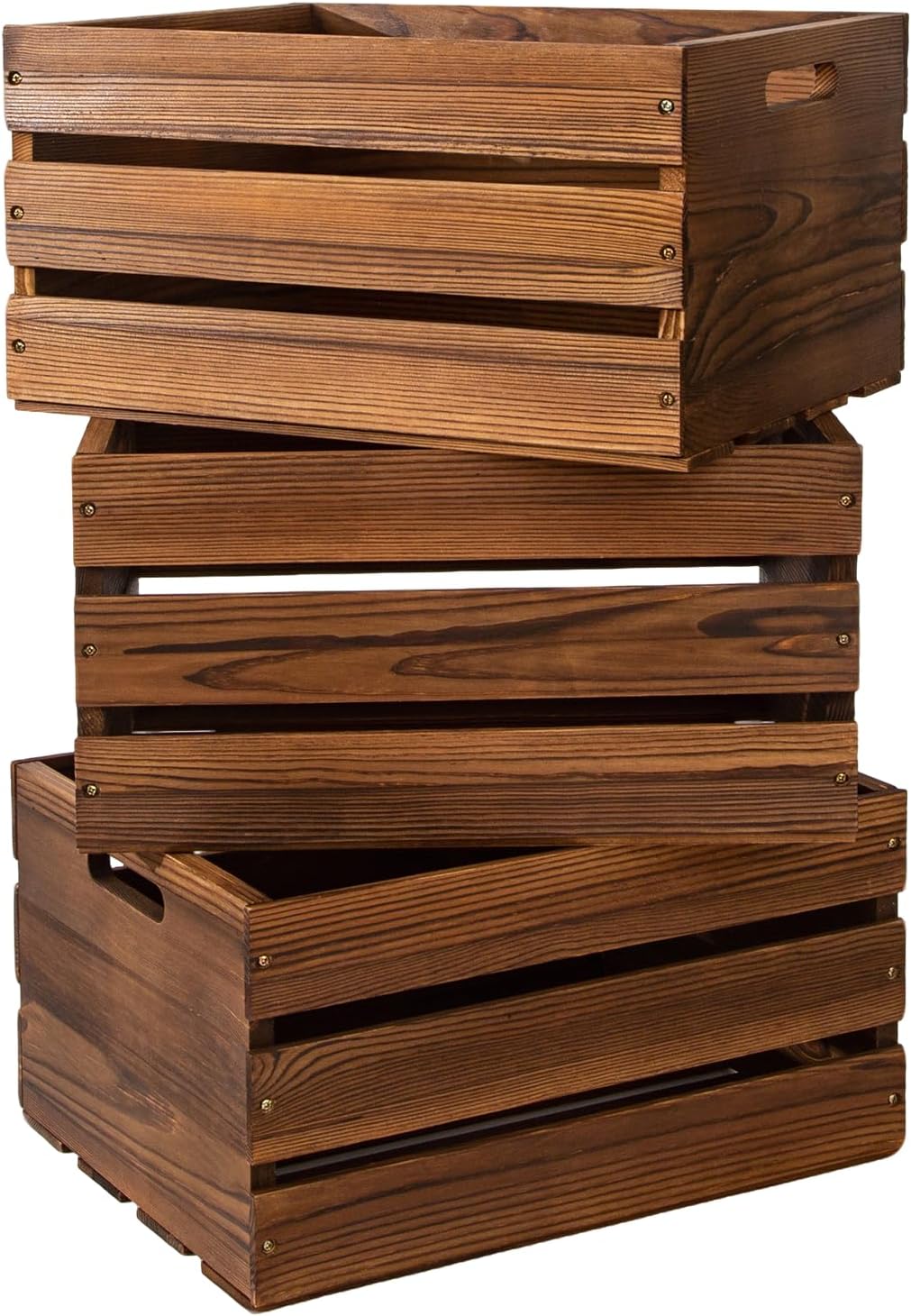 Set of 3 Rustic Wooden Crates with Handles, Dark Brown Wood Storage Crates
