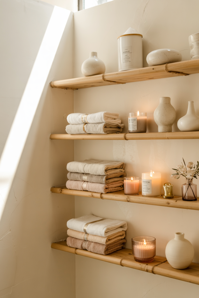 Bamboo shelving adding light, natural texture to the bathroom