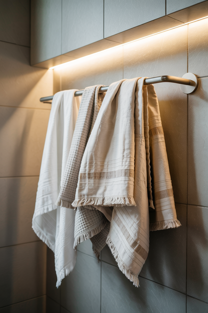 Slightly frayed towels adding a lived-in quality to the bathroom