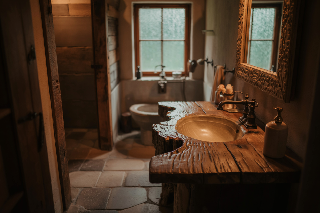 A serene, stylish bathroom embracing wabi-sabi imperfection
