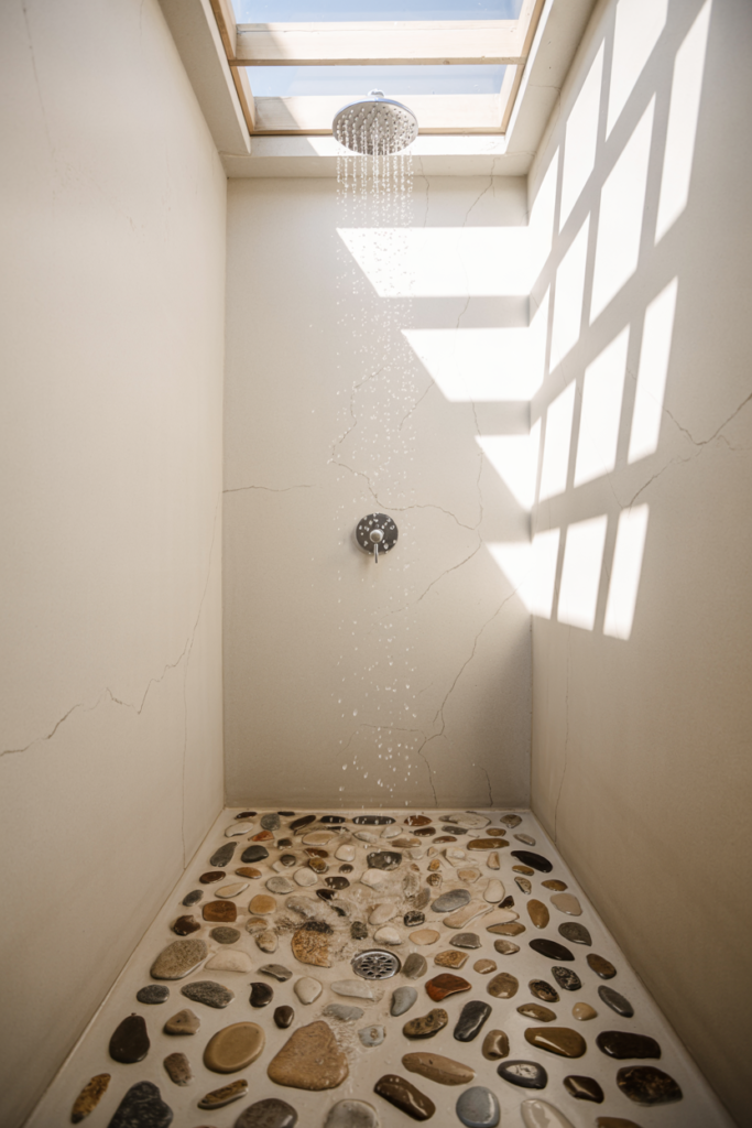 A stone shower floor extending the bathroom's natural material story