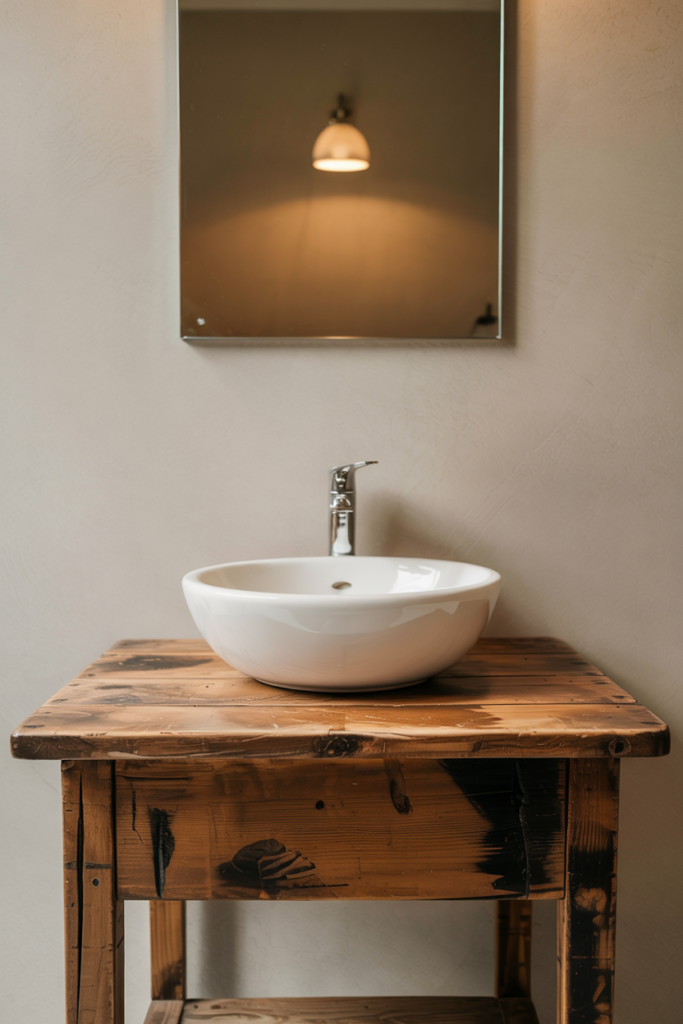 A weathered wood vanity anchoring the room with natural character