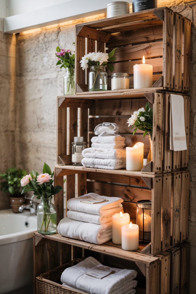 Open wooden crates providing honest, visible bathroom storage