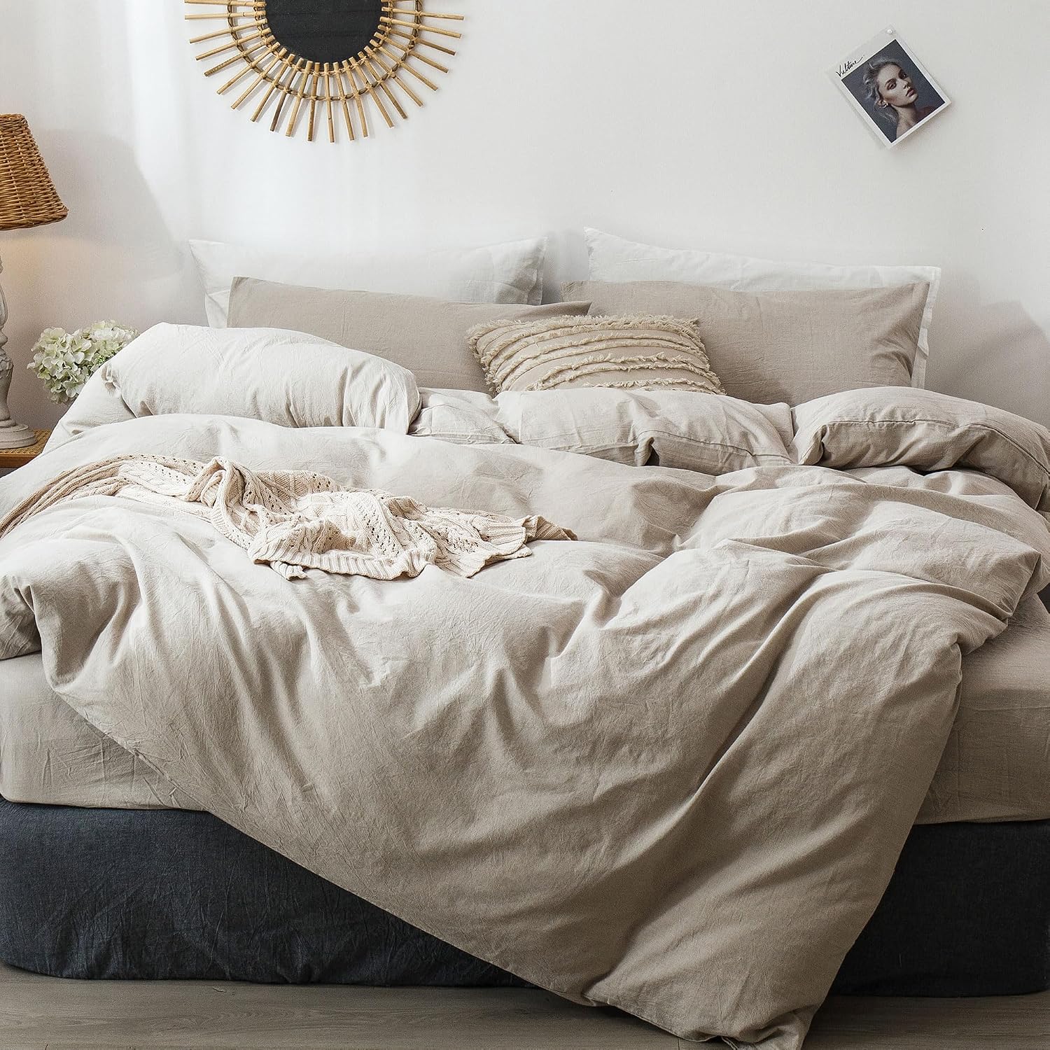 MooMee Duvet Cover Set, 100% Washed Cotton Linen Like, Queen