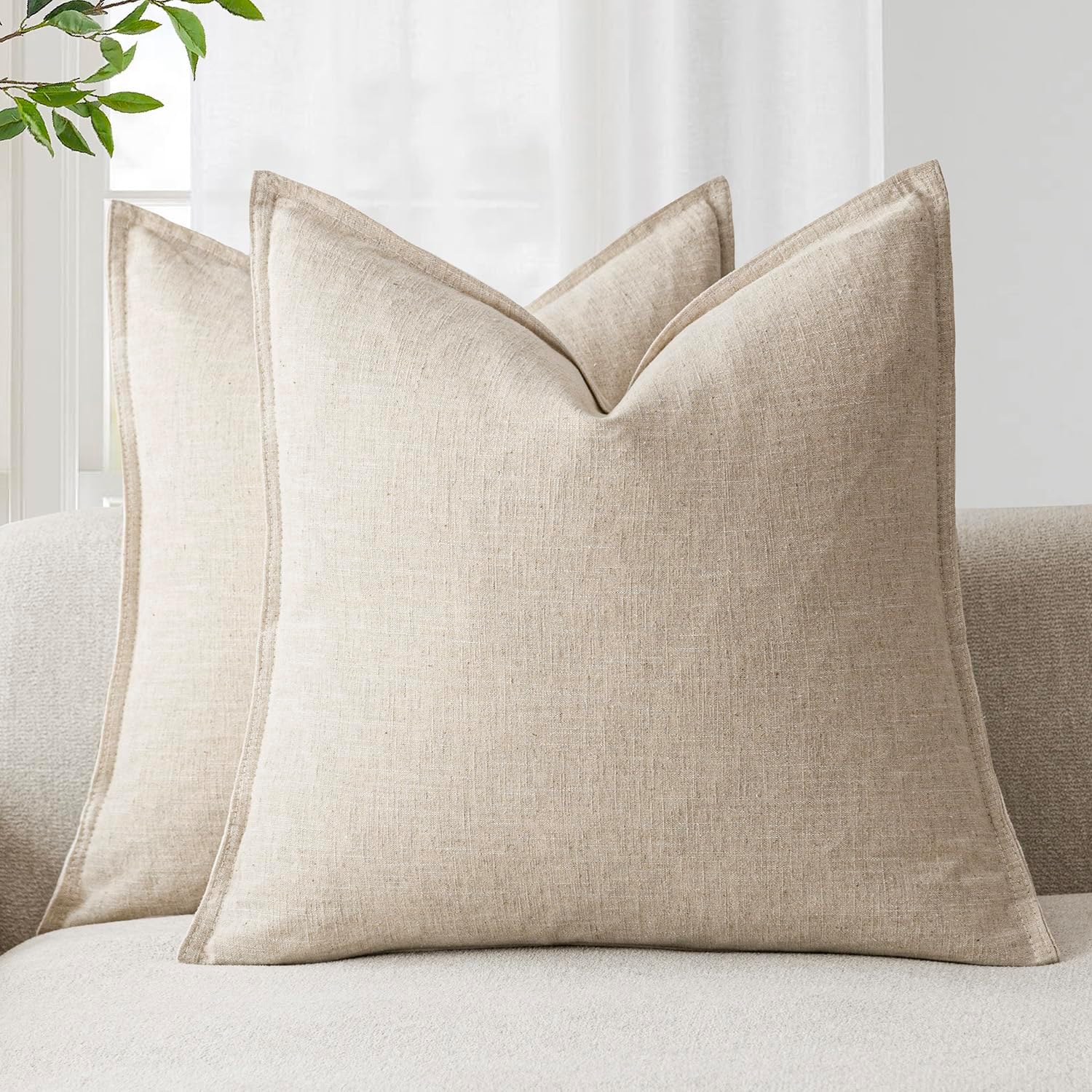Foindtower Linen Solid Decorative Throw Pillow Covers 18x18, Natural Beige