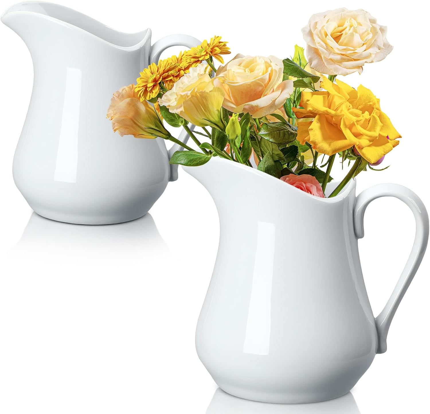Domensi 2 Pcs 34oz White Ceramic Pitcher Vase, Farmhouse Jug Vase, Rustic Ceramic Pitchers with Handle, Vintage White Flower Pots for Living Room Home Decor