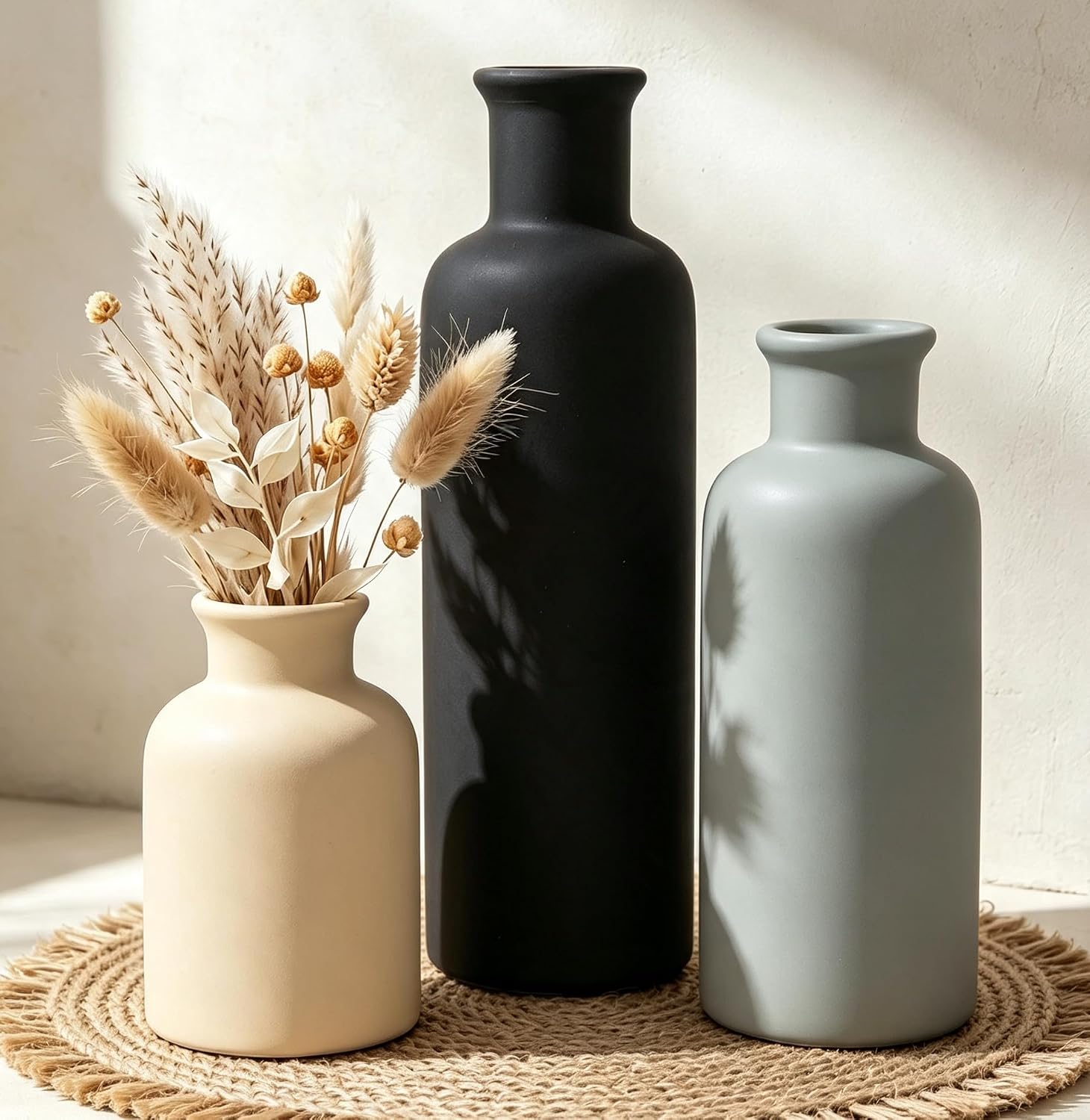 Ceramic Vase Set of 3, Neutral Rustic Vases for Farmhouse Decor, Waterproof