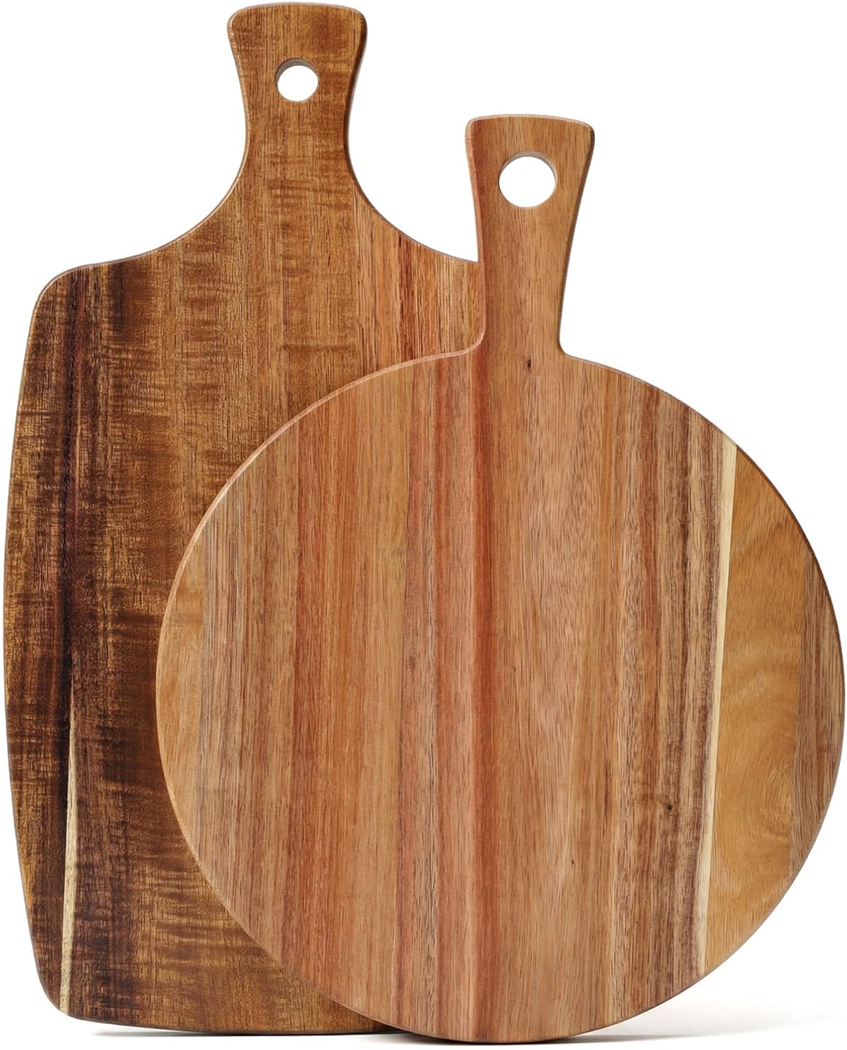 2 Pack Acacia Wood Cutting Board with Handle, 2 Shapes Wooden Charcuterie Board Set, Large Paddle Carving Chopping Block for Meat, Cheese, Fruit, Pizza, Bread