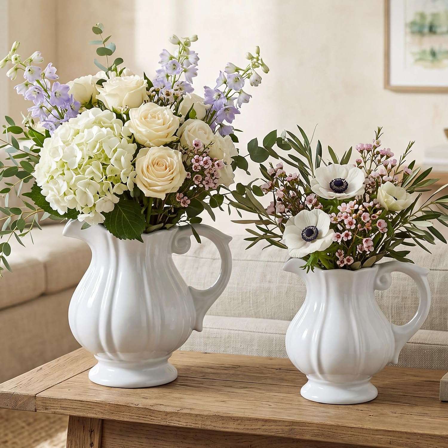 2 Pack White Ceramic Pitcher Vase Set, Small Rustic, 5.9