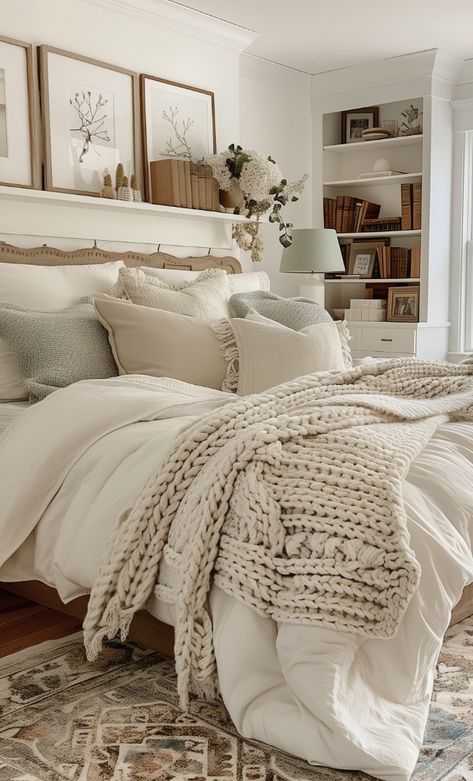 Neutral farmhouse bedroom with a mantel shelf of framed botanical prints, books and a chunky knit throw above the bed