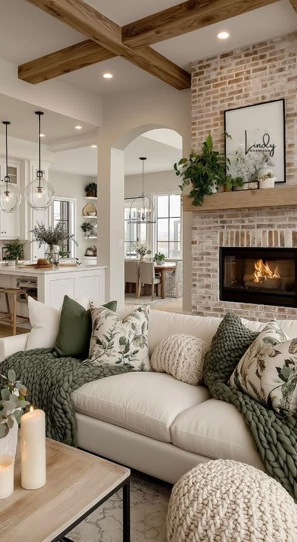 Living room with a brick fireplace, exposed wood beams, a cream sectional and olive floral throw pillows