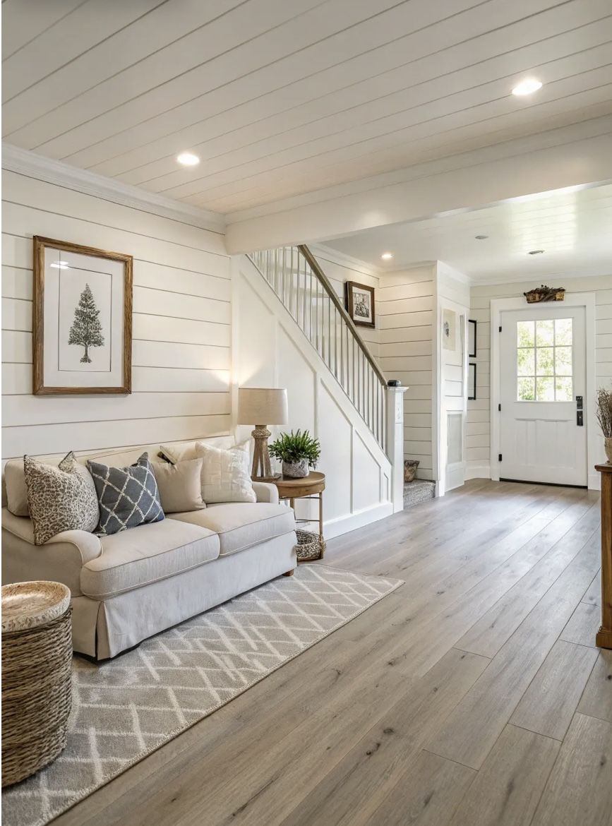 White shiplap ceiling and walls in a farmhouse entryway with a staircase, neutral sofa and framed tree print