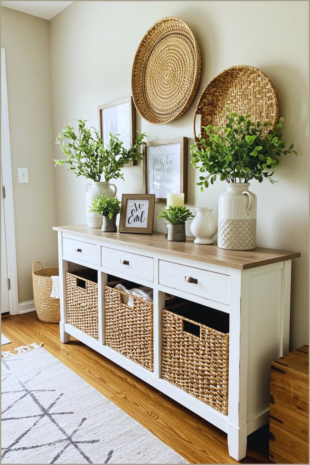 Wood console table with two white ceramic vases and three woven baskets tucked underneath on the lower shelf