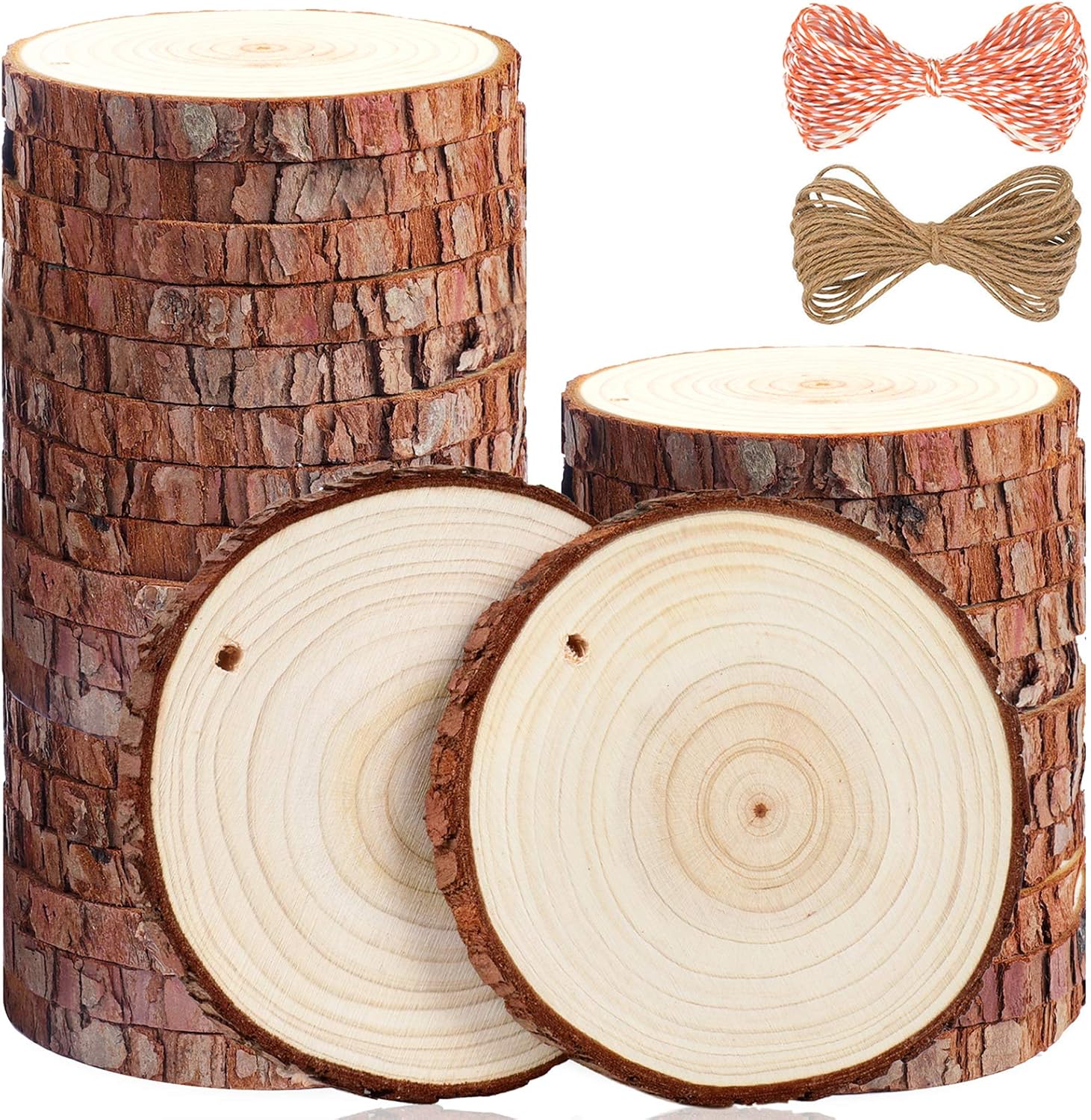 Natural Wood Slices, 30 Pcs, 3.5 to 4 Inch, Predrilled with Hole, Craft Kit