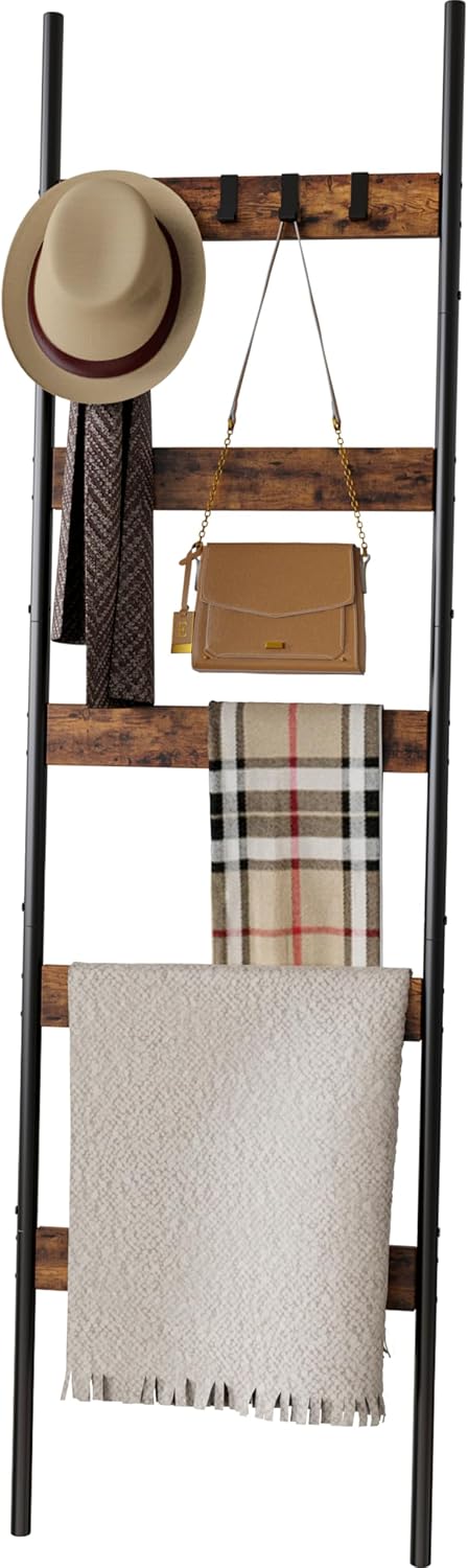 Farmhouse 5-Tier Blanket Ladder with 4 Removable Hooks, Wall Leaning Rack
