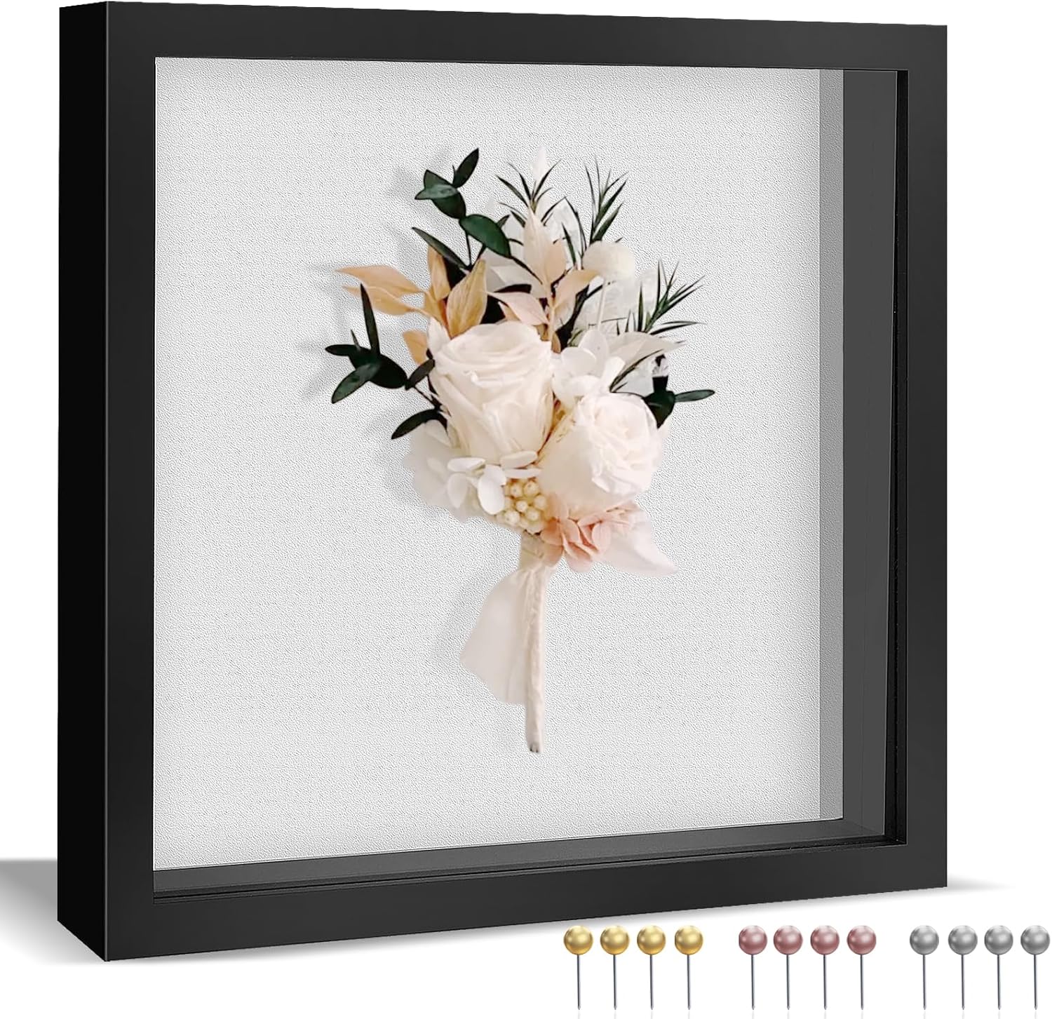 Ninsula 8x8 Shadow Box Frame with Linen Back and Push Pins, Black