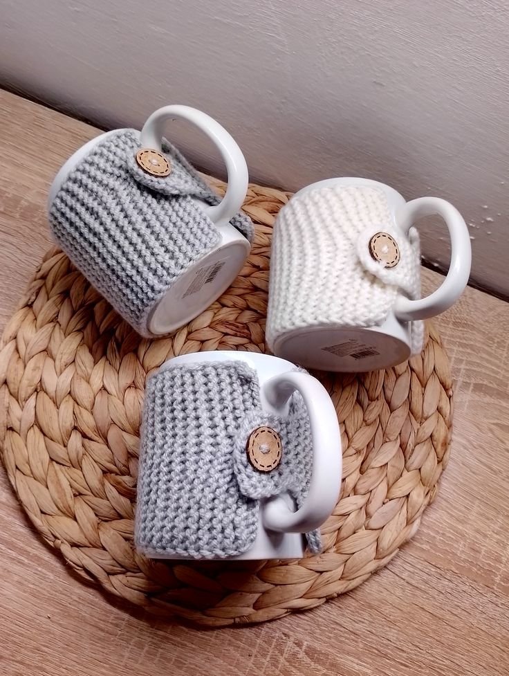 Handmade knit mug cozies for winter coffee mugs