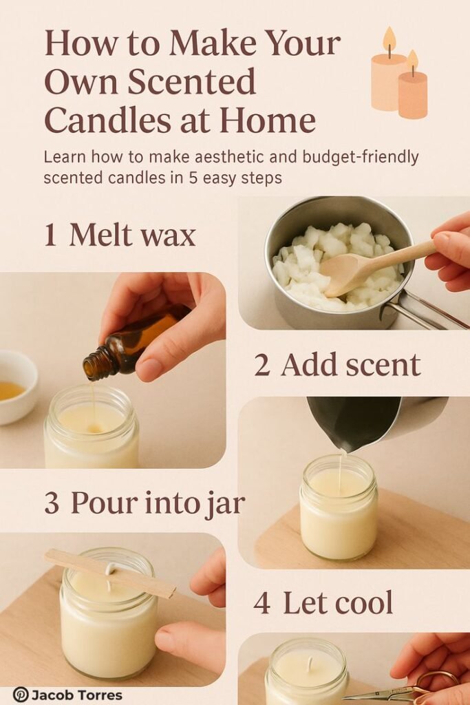 Homemade winter scented candles poured into neutral jars