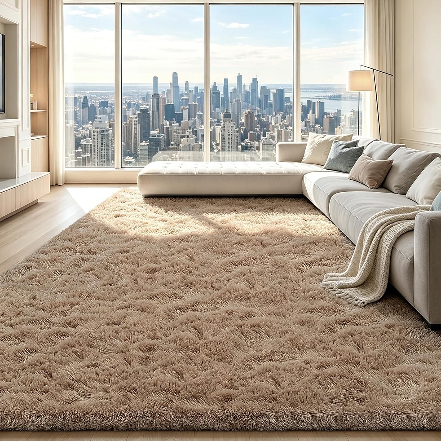 Beige 8 x 10 Ft Fluffy Shag Area Rug for Living Room and Bedroom