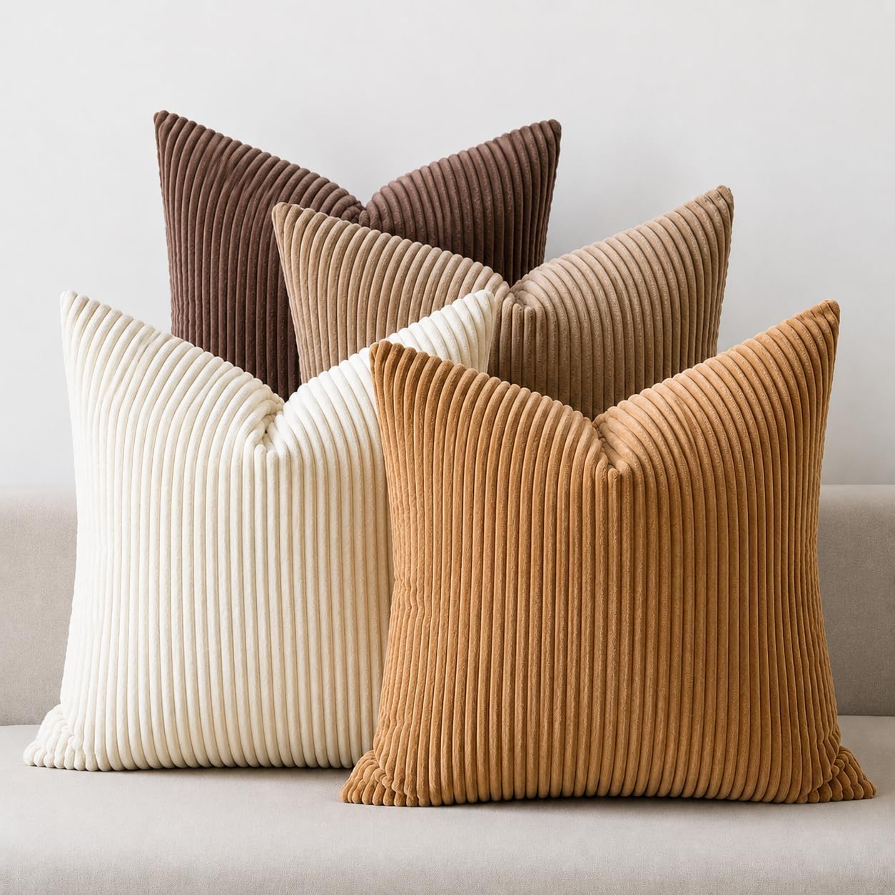 LANANAS Corduroy Throw Pillow Covers, 20 x 20 Inch, Neutral Brown