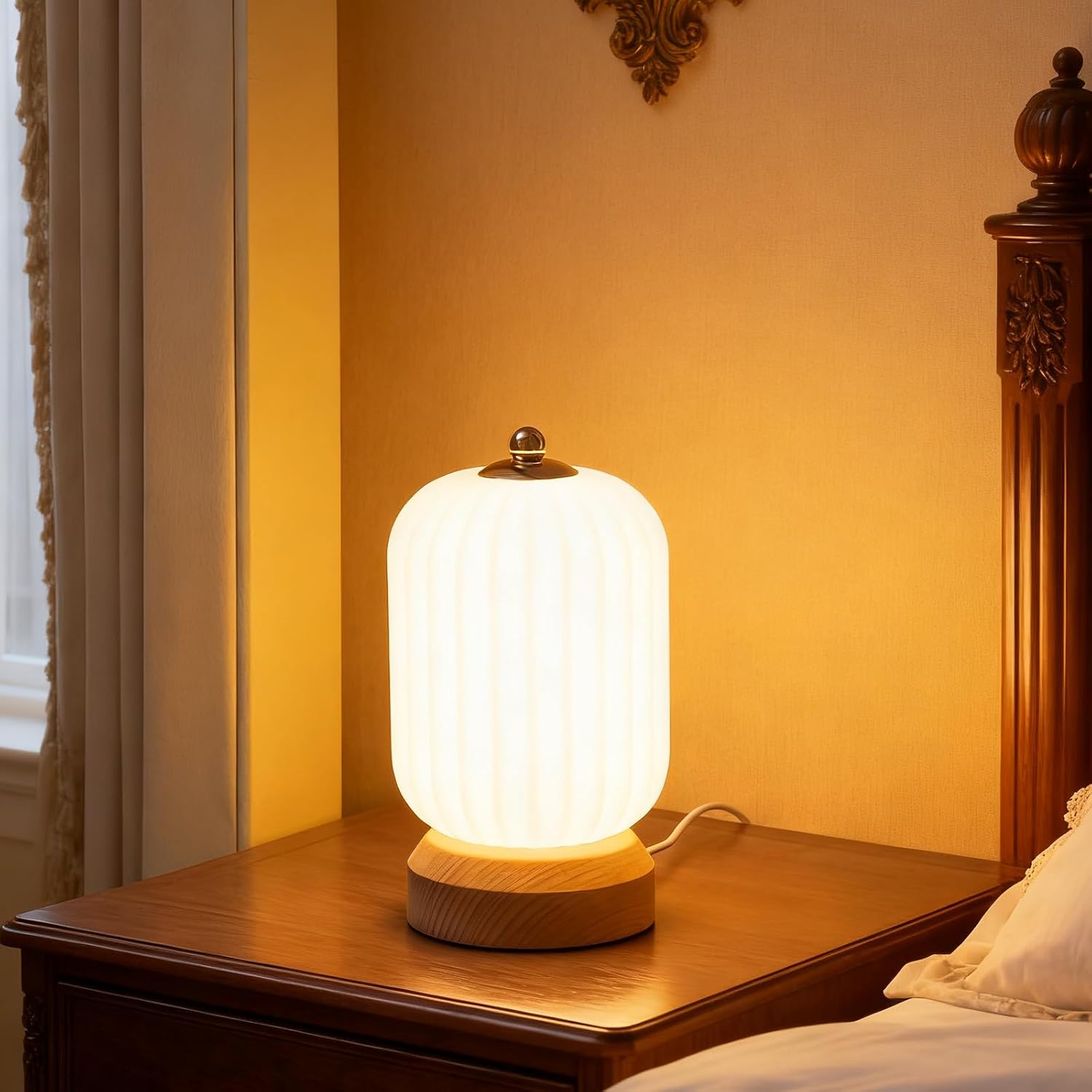 LONRISWAY Dimmable LED Wood Table Lamp, 3-Color Bedside Lamp