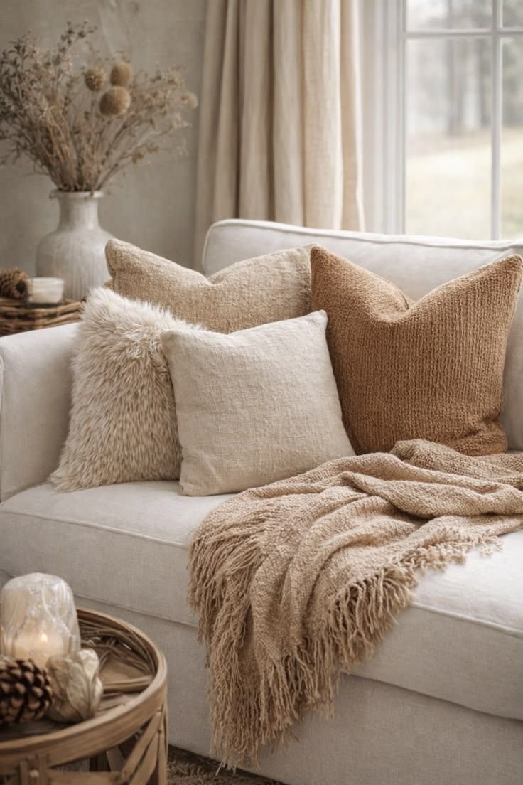 Layered textured pillows in warm winter tones on a sofa