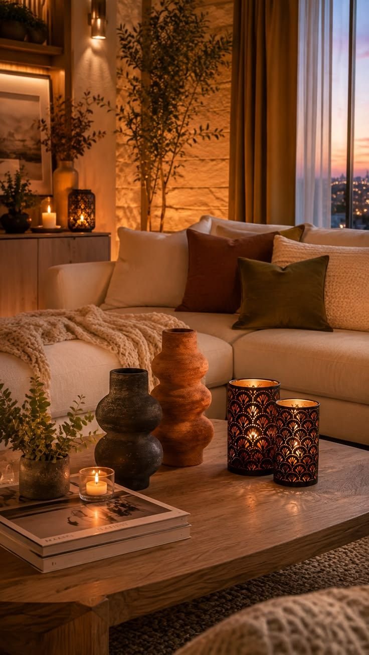 Warm table lamp lighting a cozy winter living room