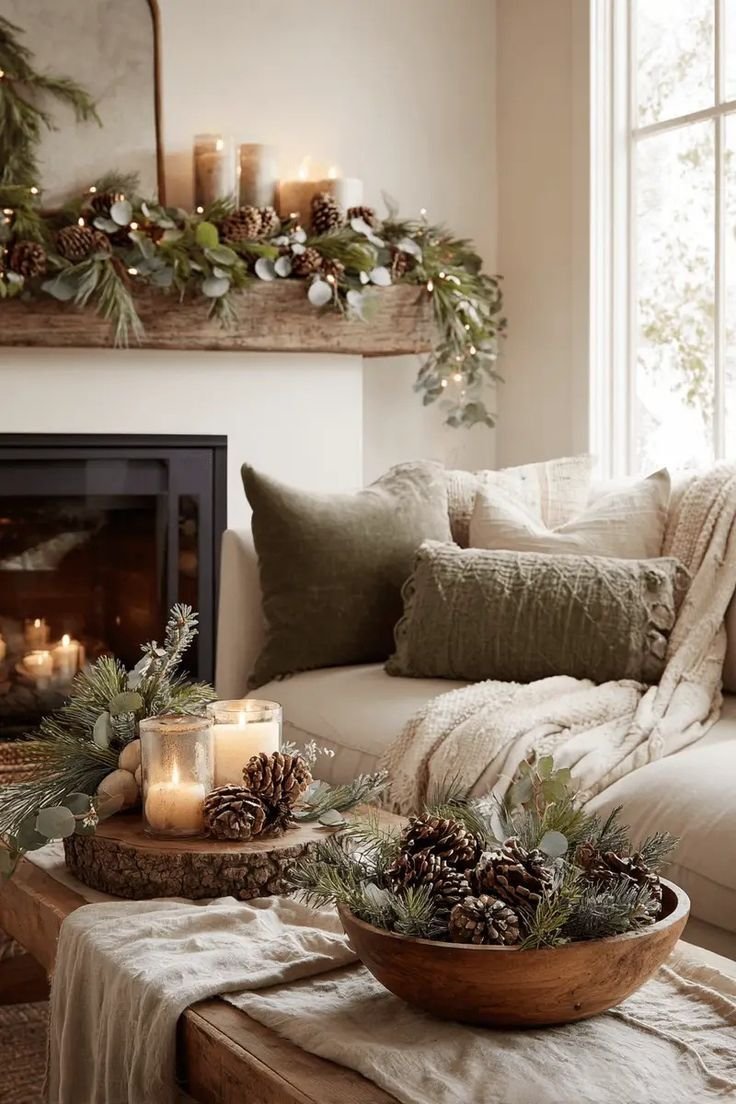 Cozy winter mantel styled with a focal piece and layered decor