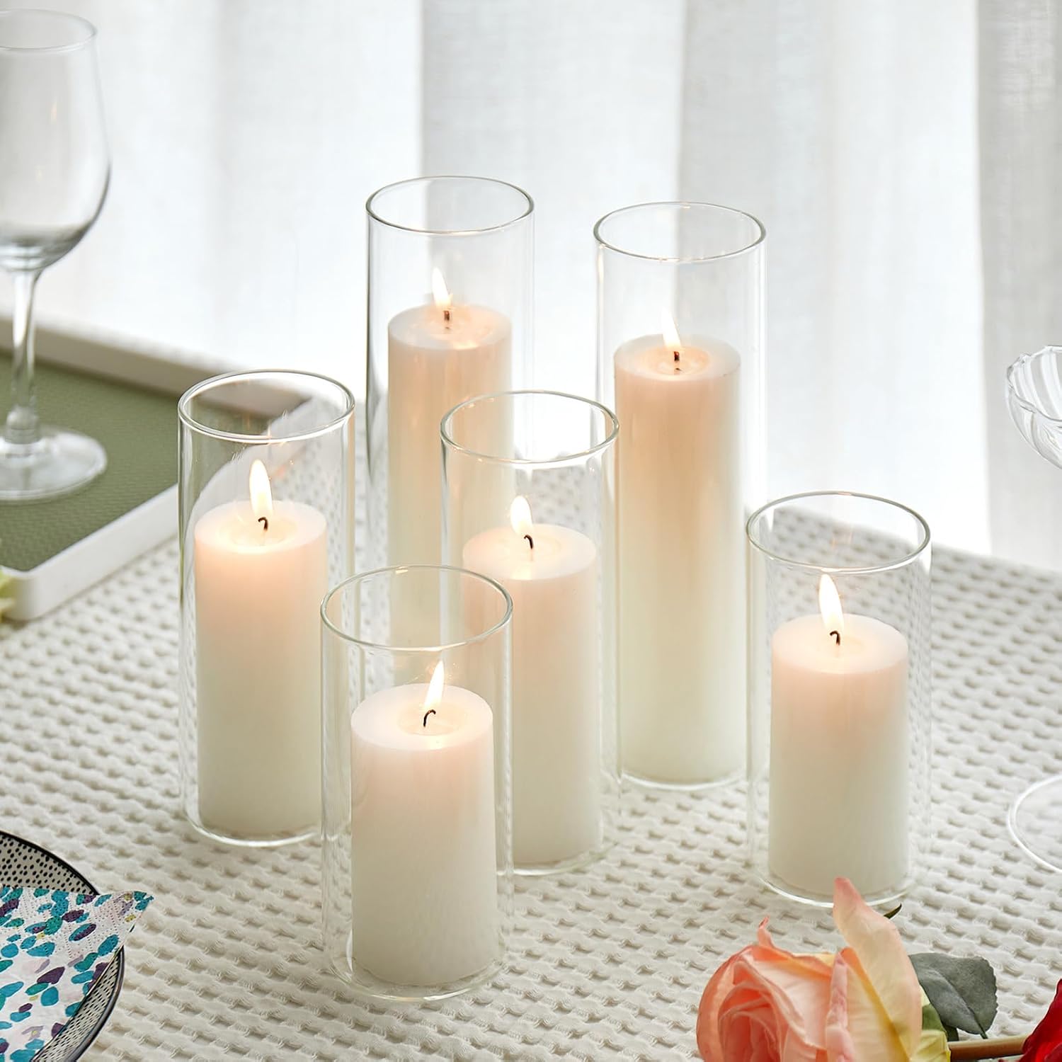 Set of 6 White Pillar Candles with Clear Glass Hurricane Holders
