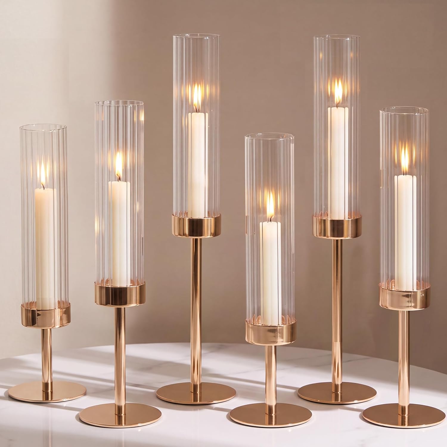 Gold Taper Candle Holders Set of 6 with Glass Sleeves