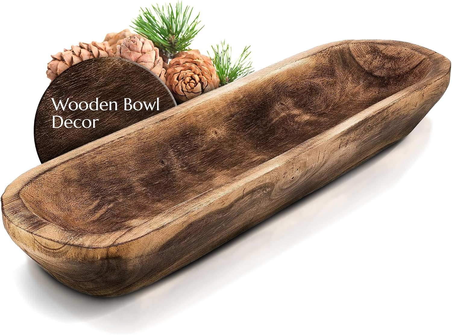 FANDOS Wooden Dough Bowl for Decor, 17.75 Inch Long Hand Carved Paulownia, Large Rustic Decorative Bowl