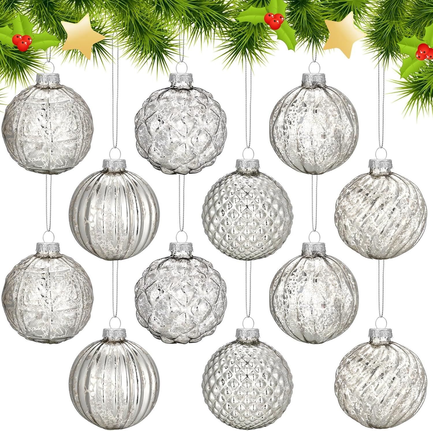 Jenaai 12 Pcs Christmas Silver Glass Ball Ornaments, Vintage Tree Decoration