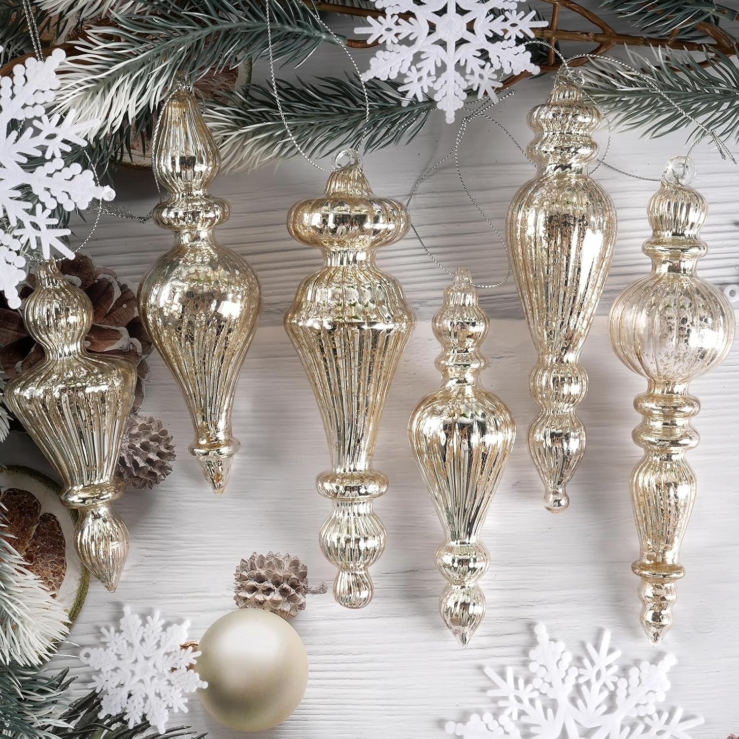 Mercury Glass Christmas Ornaments, Vintage Finial Decorations, Silver, 6 Pc