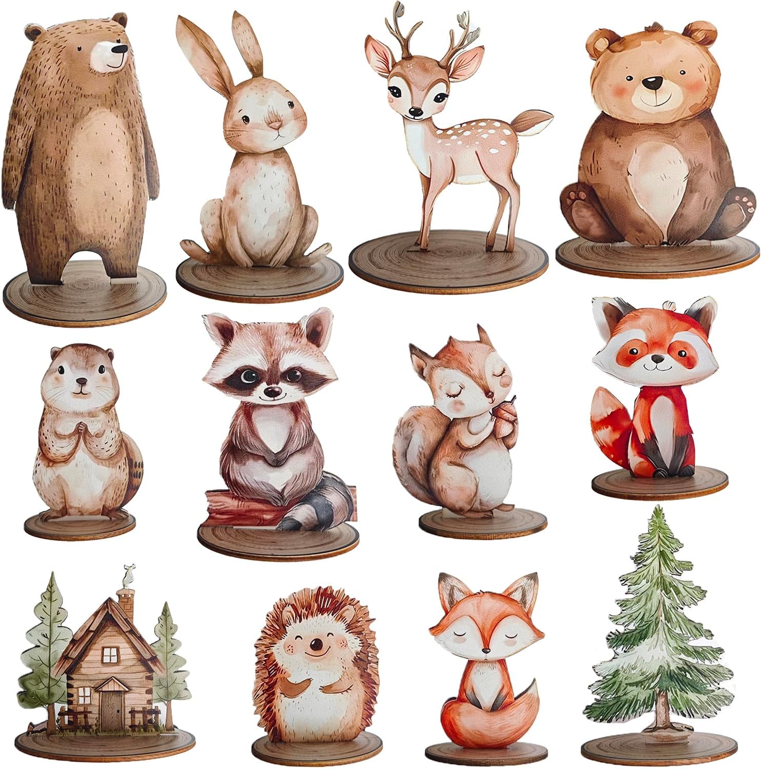 12 Pcs Woodland Animal Figurines and Wooden Table Signs, Enchanted Forest Tiered Tray Decor