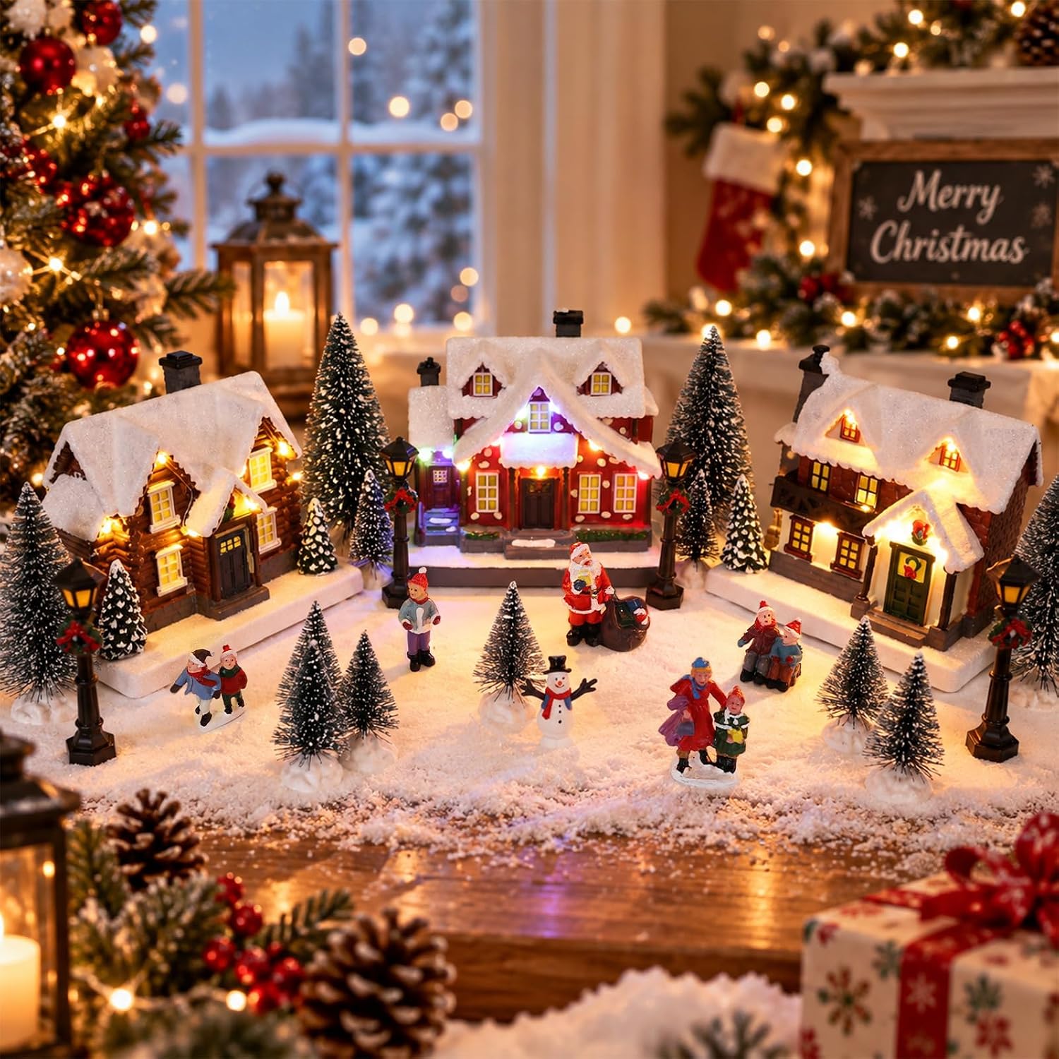 MEETYAMOR 25 Pcs Christmas Village Sets, Lighted Village Houses and Figurines Accessories