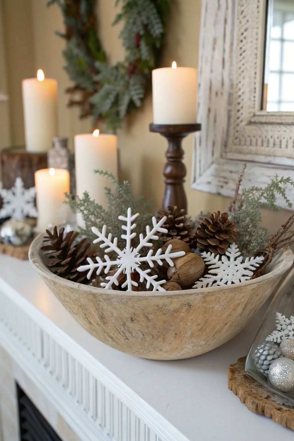 Pale dough bowl filled with pinecones, wood beads and white glittered snowflake ornaments on a mantel with pillar candles and silver ornaments nearby
