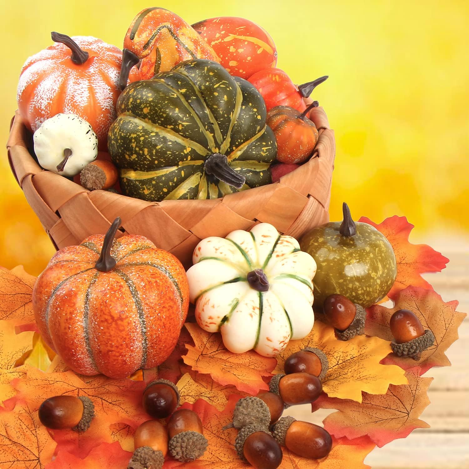 FOIMAS Mini Artificial Pumpkins and Gourds with Acorns and Maple Leaves, Fall Decor