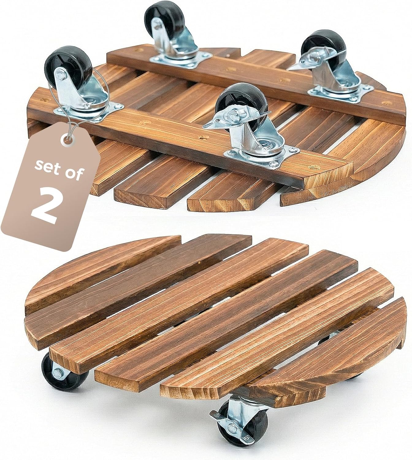 Bamworld Wooden Plant Caddy, 12 Inch Rolling Tray with Wheels, 2 Pack