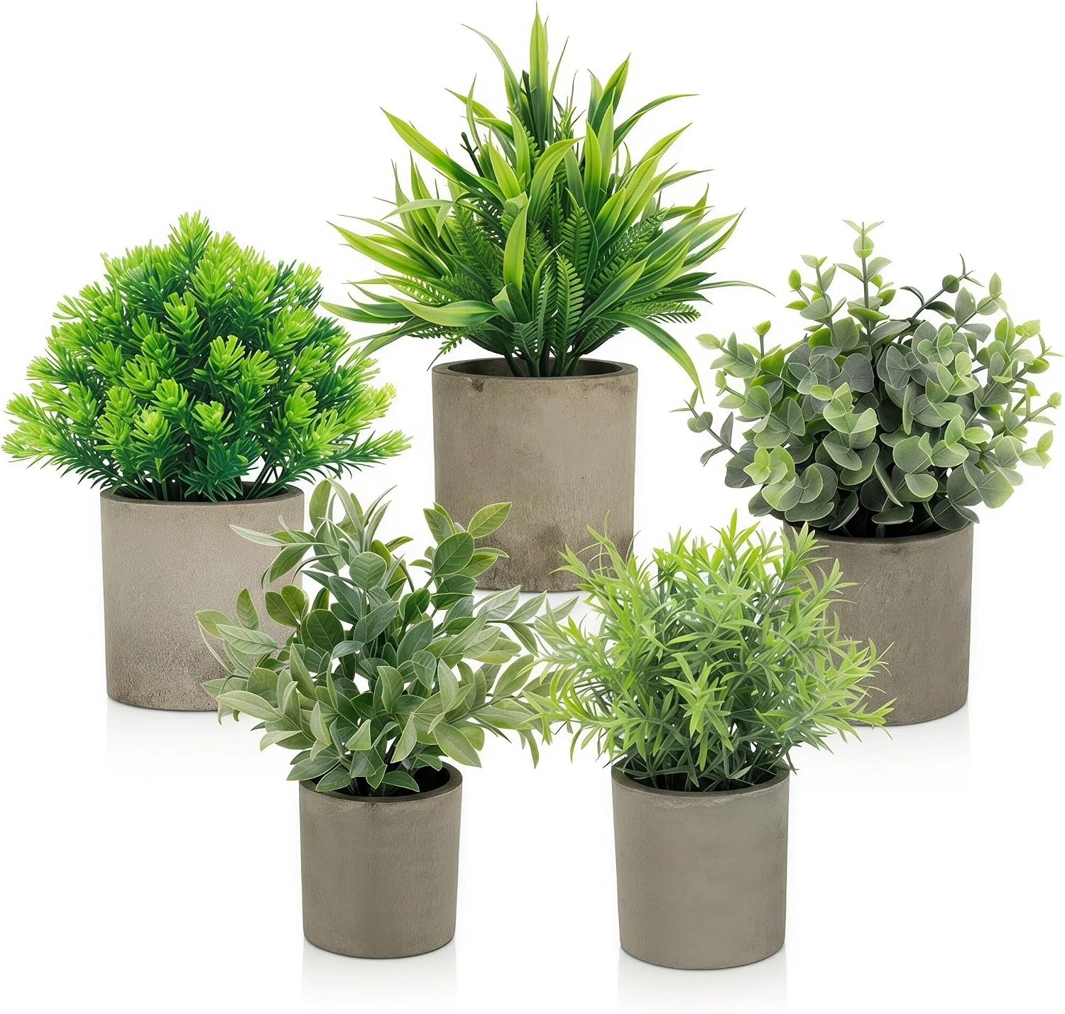 AUUGUU Artificial Potted Plants Set of 5, Faux Greenery in Cement Pots