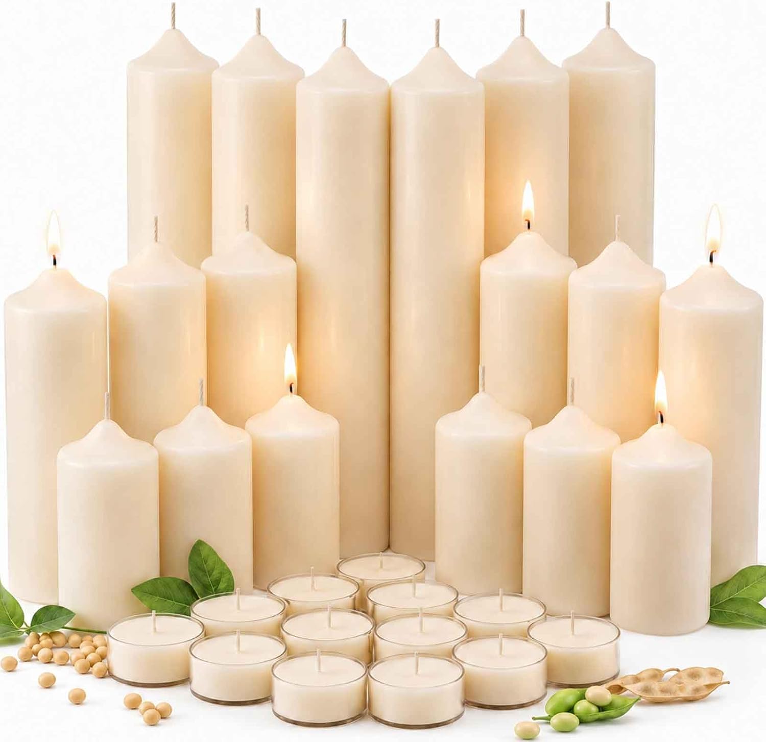 White Soy Wax Pillar Candle Set, 18 Pack, Assorted Sizes, with 12 Tea Lights